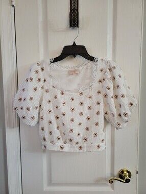CIEBON White Embroidered Floral Puff Sleeve Crochet Crop Top Blouse Small
